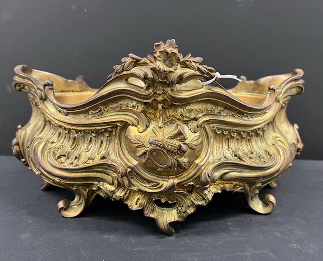 ANTIQUE ROCOCO BRONZE CENTERPIECE BOWL WITH MUSICAL INSTRUMENTS MOTIF, 15" 9" X 7" (OFF SITE) (1 of 8)