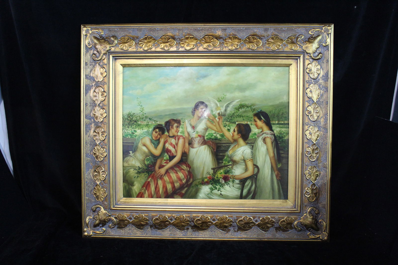 PAINTING ON TILE, "LADIES WITH COCKATOO", ADAPTATION OF 19C WORK IN GILT FRAME, 15.5 X 19.5 IMAGE,: PAINTING ON TILE, "LADIES WITH COCKATOO", ADAPTATION OF 19C WORK IN GILT FRAME, 15.5 X 19.5 IMAGE, 26 X 30 OVERALL