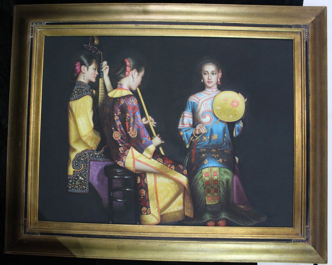 AFTER CHEN YIFEI (AMERICAN/CHINESE, 1946-2005), OIL ON CANVAS, "THREE SHANGHAI LADIES PERFORMING",: AFTER CHEN YIFEI (AMERICAN/CHINESE, 1946-2005), OIL ON CANVAS, "THREE SHANGHAI LADIES PERFORMING", SIGNED MCKAY, 29 X 39 IMAGE, 41 X 51 OVERALL