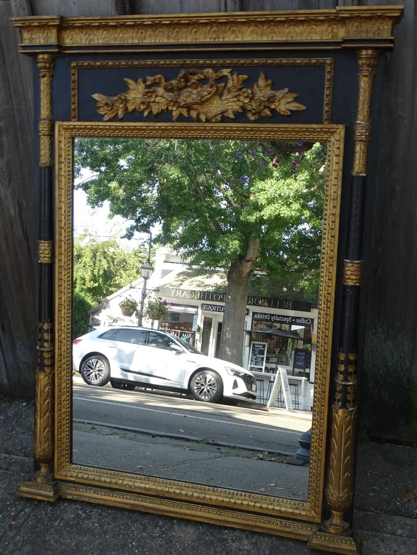 DIRECTOIRE STYLE BLACK AND GOLD LARGE CARVED FRENCH LOUIS XVI MIRROR, 40 X 52.5 X 3 (1 of 14)