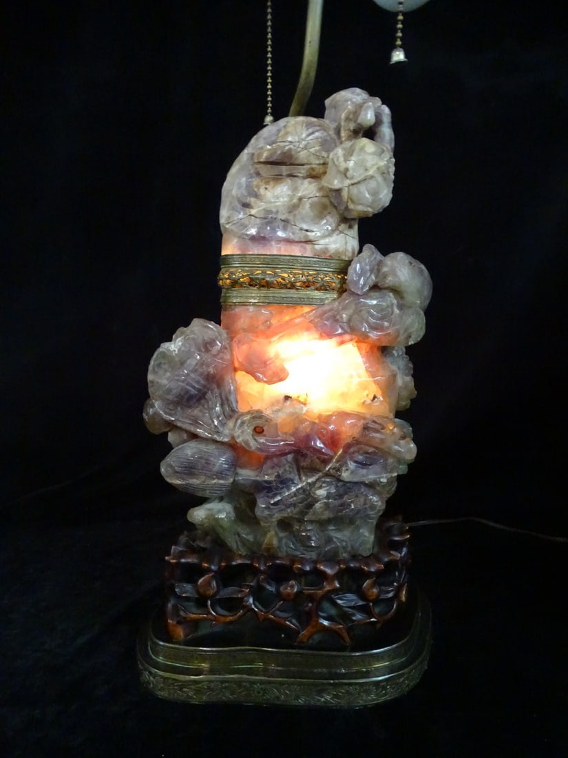 ANTIQUE CHINESE ROSE QUARTZ LAMP WITH BIRD AND DRAGON MOTIF, 30" H (1 of 19)