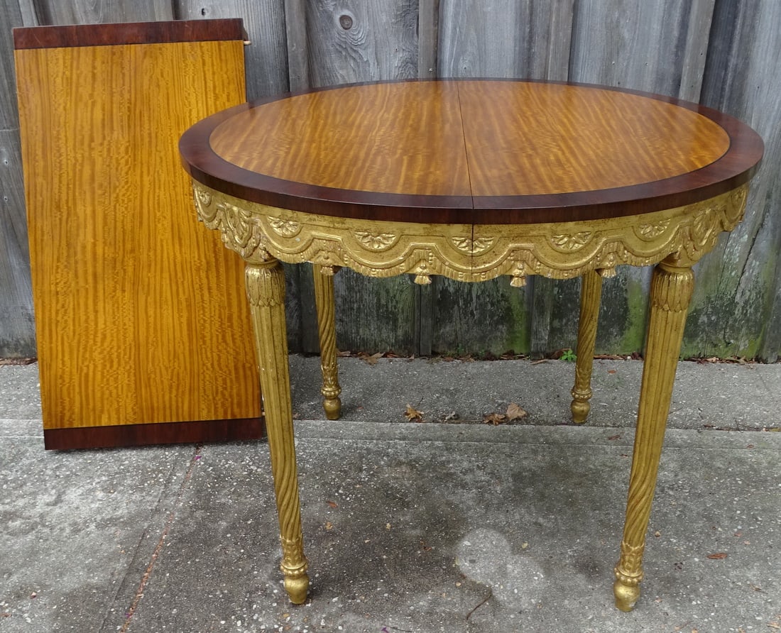 LOUIS XV1 PARCEL GILT CIRCULAR TABLE WITH INLAID TOP AND (1) 19" LEAF, 30"H X 36" D (1 of 11)