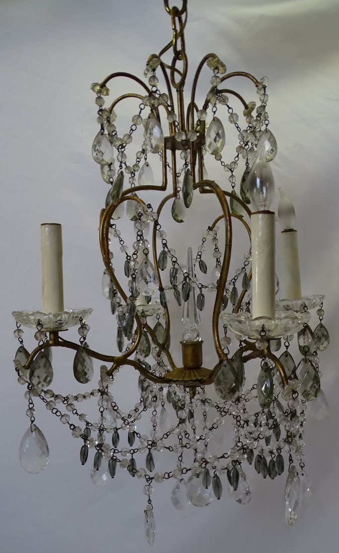 GILT METAL AND CRYSTAL FOUR LIGHT HANGING FIXTURE, 27" X 19.5"D (1 of 6)