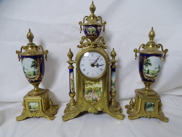"IMPERIAL" ITALY BRASS AND PAINTED PORCELAIN CLOCK GARNITURE, BATTERY MOVEMENT, 16.75" TALLEST