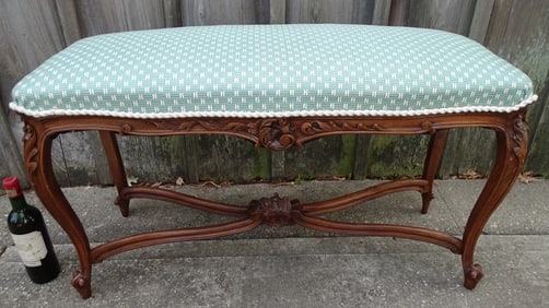 LOUIS XV STYLE CARVED WALNUT UPHOSTERED BENCH