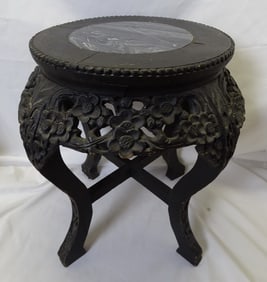 CHINESE CARVED WOOD MARBLE TOP TABOURET WITH FLOWER MOTIF