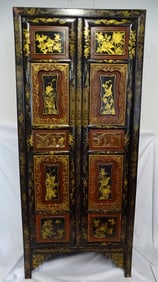 BLACK LACQUER PAINT AND GILT DECORATED TWO DOOR ASIAN CABINET