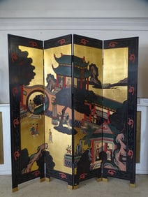 FOUR PANEL TWO SIDED COROMANDEL LACQUERED SCREEN, 72 X 64