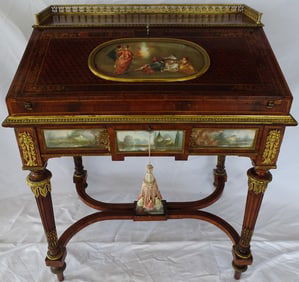 FRENCH LOUIS XVI STYLE MAHOGANY/WALNUT PARQUETRY AND MARQUETRY INLAID BRASS AND PORCELAIN MOUNTED