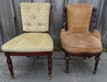 TWO UPHOLSTERED SIDE CHAIRS INC.. ANTIQUE VICTORIAN CARVED WOOD WITH TASSEL MOTIF