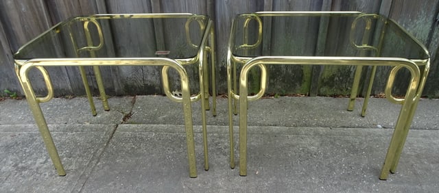 PAIR OF "MOREX" ITALIAN BRASS WITH GLASS TOP SIDE TABLES, 22.25 X 28 X 21.5