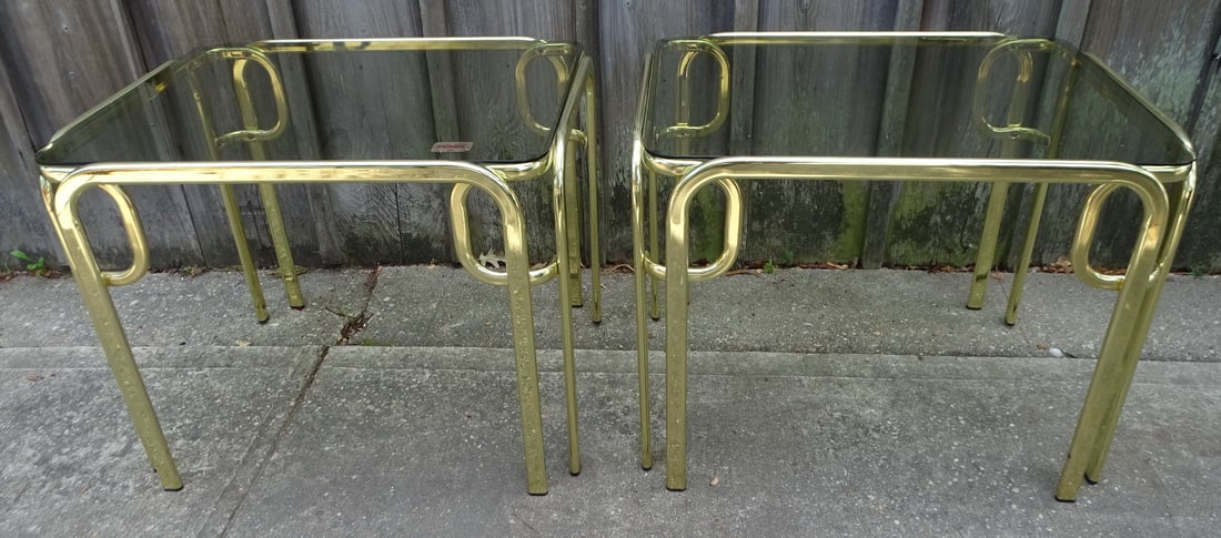 PAIR OF "MOREX" ITALIAN BRASS WITH GLASS TOP SIDE TABLES, 22.25 X 28 X 21.5 (1 of 13)