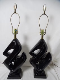 PAIR OF MIDCENTURY BLACK GLAZED PORCELAIN LAMPS