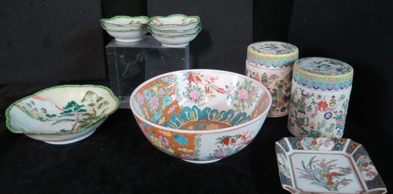GROUP OF ASIAN PORCELAIN INC. ROSE FAMILLE, INC. TWO COVERED BRUSH POTS,