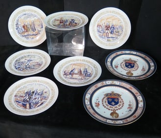 TWO ARMORIAL PLATES (CHINESE EXPORT?) AND SIX LIMOGES "LAFAYETTE LEGACY" PLATES