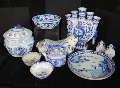 LOT OF BLUE AND WHITE CANTONWARE, INC. CHINESE PILLOW AND TULIP BULB VASE, 10 X 12 X 4 LARGEST