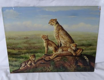 HENRY ROLAND SIGNED OIL ON BOARD "CHEETAHS IN THE SAVANNAH", 12 X 16