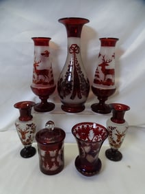 SEVEN PIECE COLLECTION OF BOHEMIAN RUBY AND FROSTED/CLEAR GLASS ITEMS
