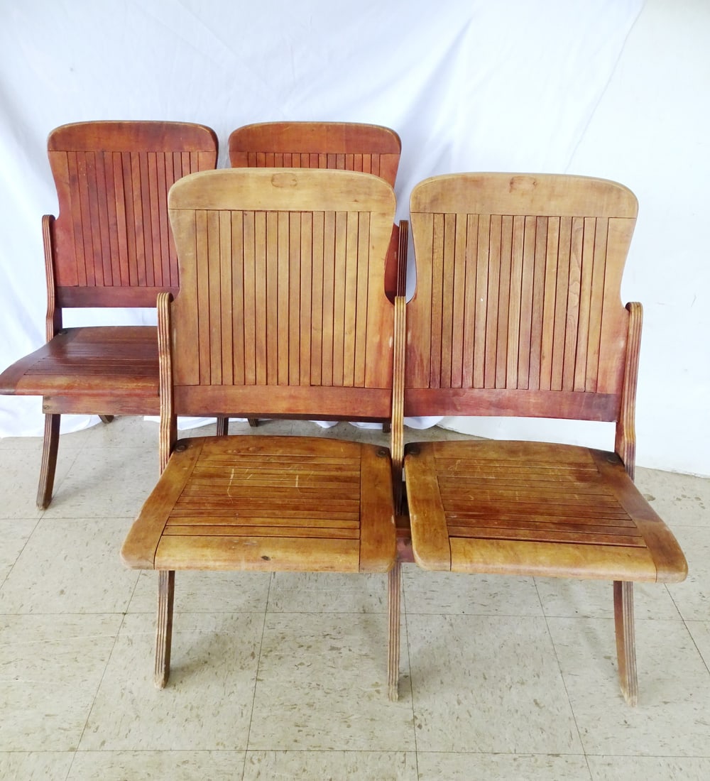 PAIR OF DOUBLE SEAT CHURCH / TOWN HALL / FOLDING BENCHES (POSSIBLY HAYWOOD WAKEFIELD) (1 of 19)