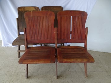 PAIR OF DOUBLE SEAT CHURCH / TOWN HALL / FOLDING BENCHES (POSSIBLY HAYWOOD WAKEFIELD)
