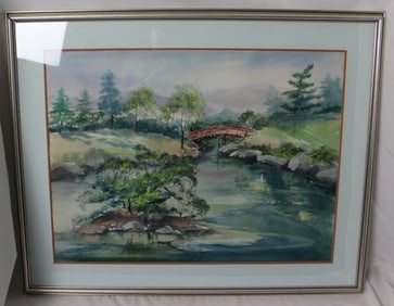 M.COLE SIGNED WATERCOLOR, RIVER LANDSCAPE WITH WALKING BRIDGE