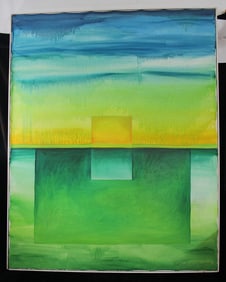 RICHARD C. KARWOSKI OIL ON CANVAS GEOMETRIC ABSTRACT  "SUMMER" W/ BLUES, GREENS & YELLOWS