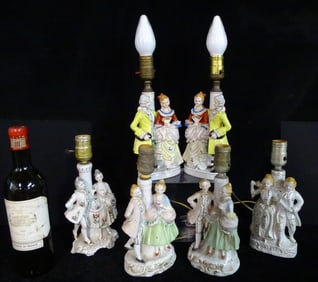 GROUP OF SIX VINTAGE FIGURAL PORCELAIN LAMPS