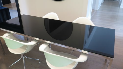 ERNESTO TABLE IN POLISHED CHROME WITH BLACK GLASS TOP BY PROPERTY, 87 X 33 X 30