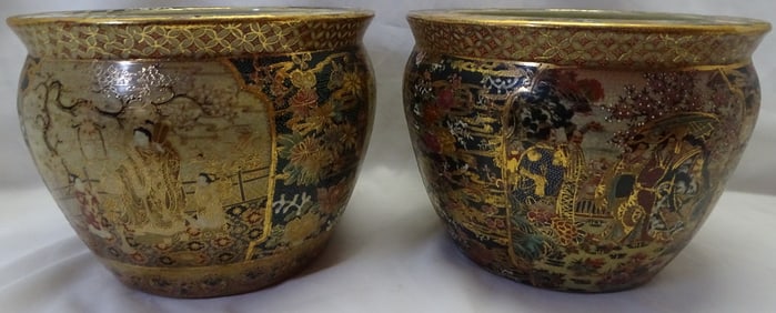 PAIR OF VINTAGE SATSUMA ASIAN FISHBOWLS/PLANTERS 7.5 X 10.5 DIA.