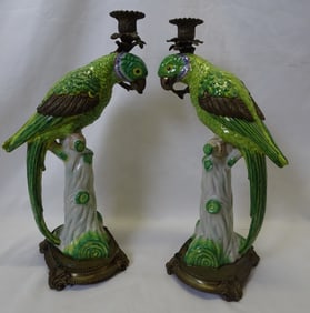 PAIR CASTILIAN BRONZE MOUNTED PARROT FIGURAL CANDLESTICKS 16.5"