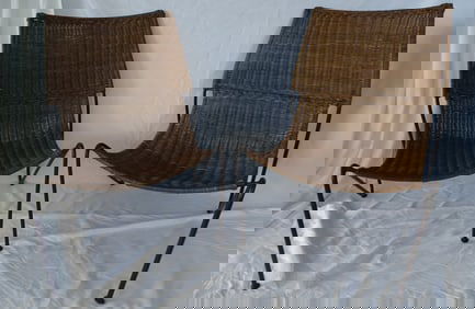 PAIR OF WOVEN WICKER AND IRON MIDCENTURY CHAIRS (FREDERICK WEINBERG?)