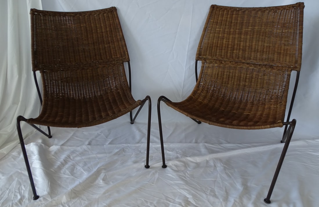 PAIR OF WOVEN WICKER AND IRON MIDCENTURY CHAIRS (FREDERICK WEINBERG?) (1 of 20)