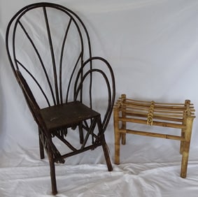 ANTIQUE TWIG CHAIR WITH BAMBOO AND SPLIT REED BENCH