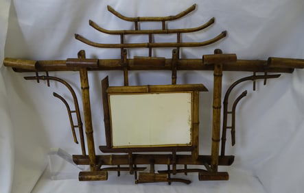 VINTAGE BAMBOO HANGING COAT/HAT RACK WITH MIRROR