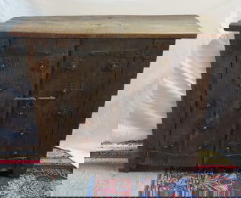 19C DUTCH/SPANISH? TWO DOOR CABINET WITH IRON HARDWARE 40 X 46.75 X 19