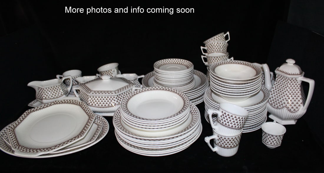 ADAMS "SHARON" CHINA SET, BREAKDOWN IN PHOTOS, CRAZING NOTED THROUGHOUT: This exquisite Adams "Sharon" china set offers a timeless blend of elegance and durability. Crafted from high-quality English ironstone, the set features a classic design with a charming brown shamroc