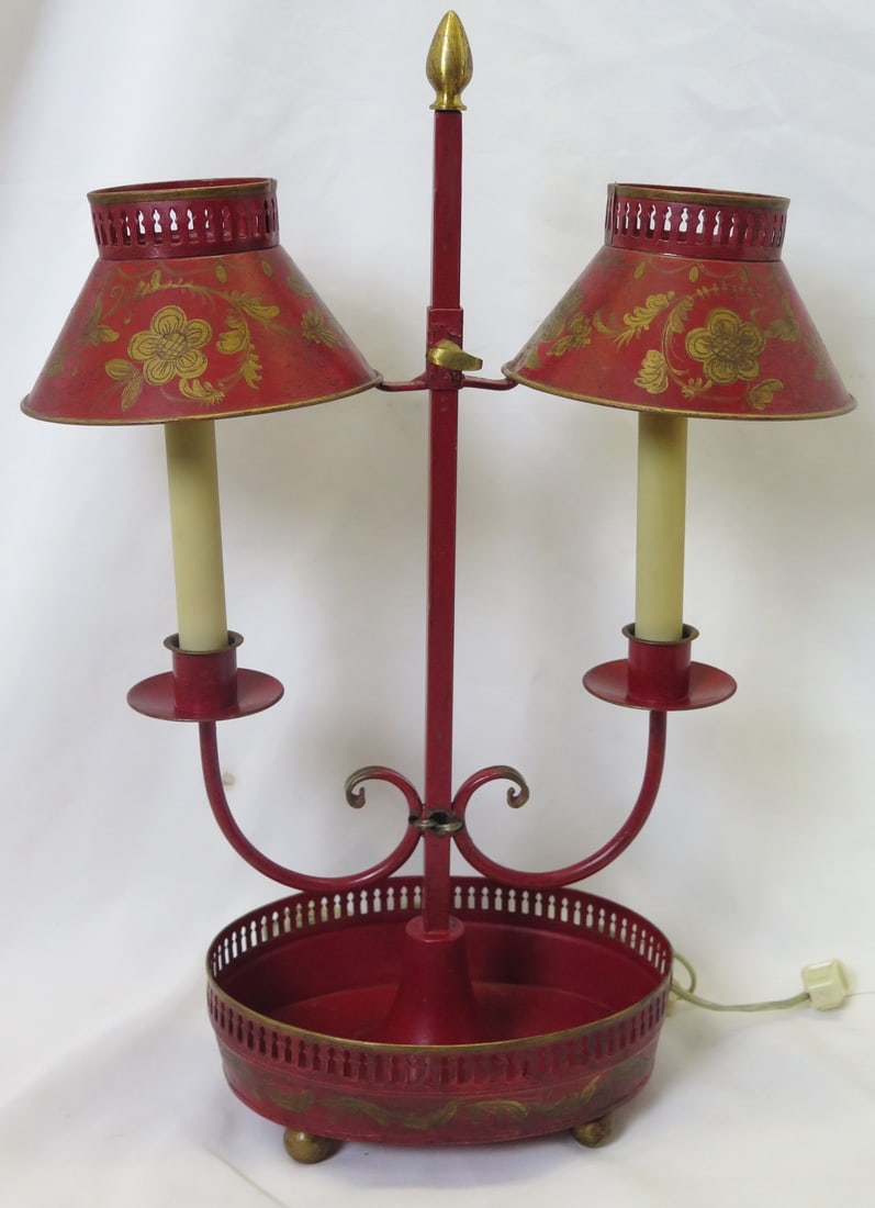 ANTIQUE FRENCH BOUILLOTTE RED TOLE TABLE LAMP, 20.5 X 14.5 X 6.5 (1 of 13)