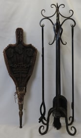 VINTAGE WROUGHT IRON FIREPLACE SET INCLUDING CARVED WOOD AND LEATHER BELLOWS 33"H