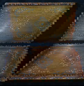 SET OF TWO VINTAGE HANDMADE INLAID FIGURED WOOD TRAY SET, 17.5 X 12 X 2.5
