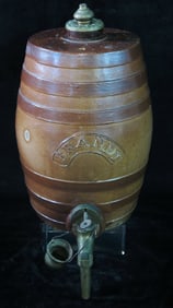 ANTIQUE ENGLISH STONEWARE BRANDY BARREL WITH LOCKING BRASS SPOUT, BARREL 12"H X 7.5D, WITH SPOUT