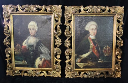 CURATED COLLECTION OF JOSEPH RODANO:  PAIR OF TWO LATE 18/EARLY 19C OIL ON CANVAS PORTRAITS IN GILT