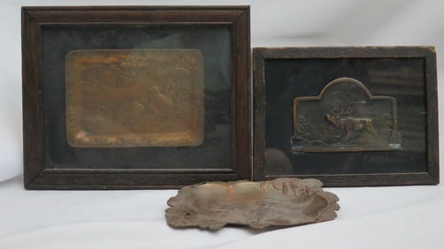 GROUP OF THREE COPPER PLAQUES INCLUDING QUAIL AND DEER