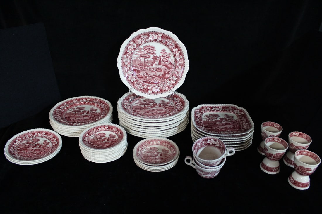LARGE LOT OF COPELAND ENGLAND "SPODES TOWER" RED TRANSFERWARE (1 of 18)