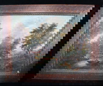 LATE 19TH C. GENRE SCENE, OIL ON CANVAS, RIVER, BOATS, AND THATCHED COTTAGE, CRAQUELURE AND LOSSES