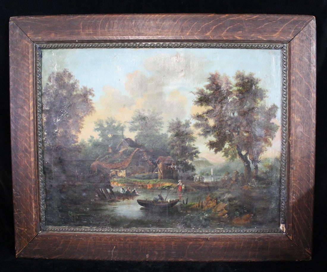 LATE 19TH C. GENRE SCENE, OIL ON CANVAS, RIVER, BOATS, AND THATCHED COTTAGE, CRAQUELURE AND LOSSES (1 of 12)