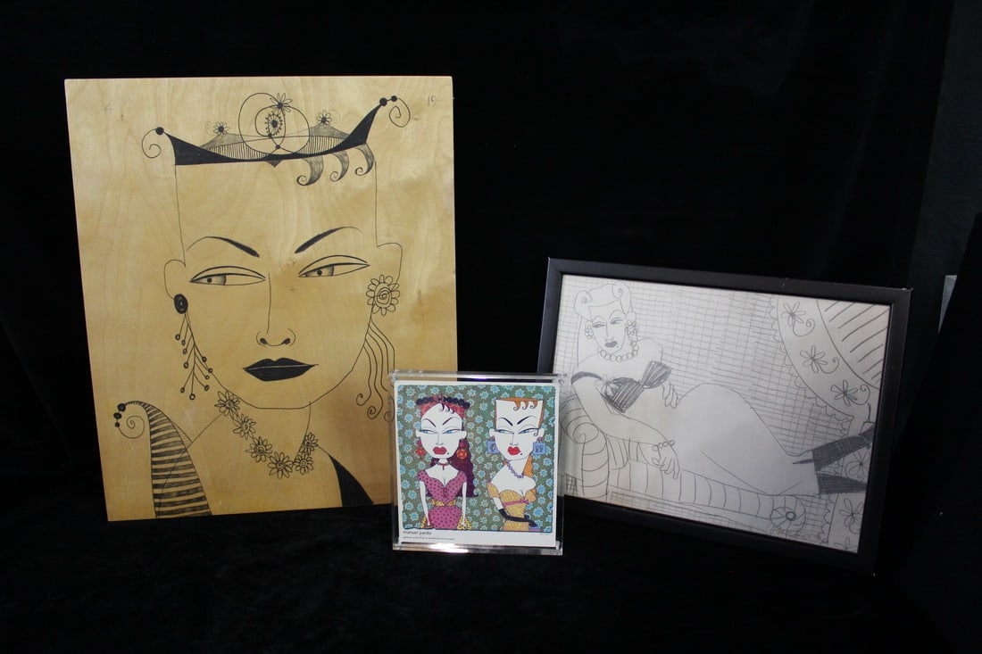 MANUEL PARDO (SPANISH, B 1955), TWO WORKS INC. "FAIRY GODMOTHER" AND AN INVITE IN LUCITE,: This captivating collection features two original works by the renowned Spanish artist Manuel Pardo, born in 1955. The first piece is a mixed media artwork titled "Fairy Godmother," showcasing Pardo's