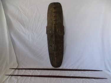 VINTAGE HAND CARVED AFRICAN MASK WITH TWO SPEARS (44" X 13", SPEARS 67: LONG)