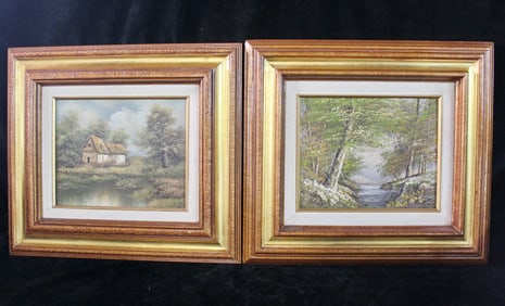 T. ROCKFORD AND N. FALTER (AMERICAN, 20C), TWO LANDSCAPES IN GILT FRAMES, ONE STREAM, ONE COTTAGE,