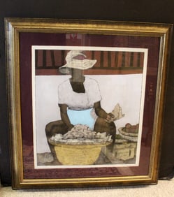 ROBERT LYNN (AMERICAN, 20C) "WOMAN PREPARING FOOD",  1978, MIXED MEDIA, 19.75X17 IMAGE, 27.5X25