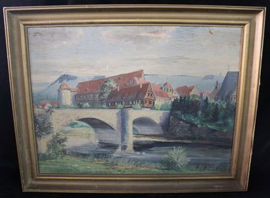 DUTCH LANDSCAPE WITH TUDOR BUILDING, BRIDGE, AND STREAM, SIGNED L. FRAIJELIN, OIL ON BOARD,